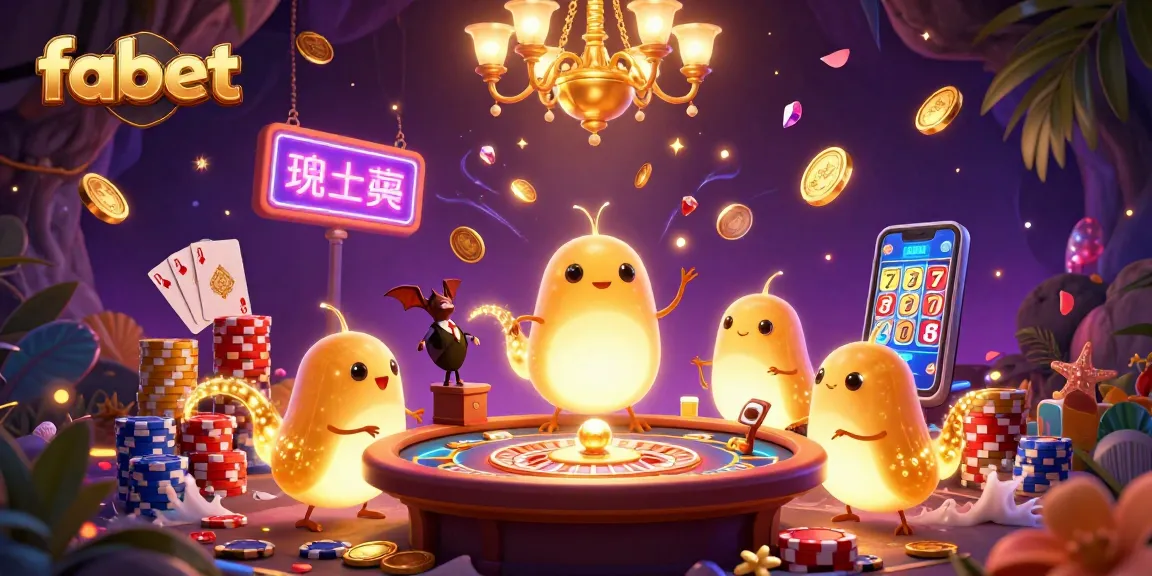 Engage in thrilling casino action with fabet, showcasing glowworms lighting up a vibrant cave filled with coins and cards.