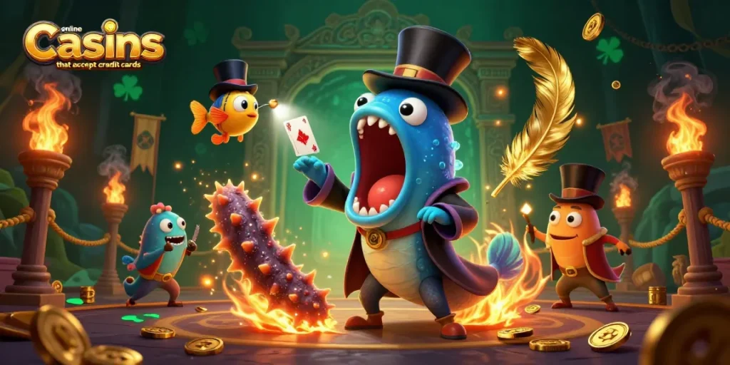 Experience exciting gameplay at online casinos that accept credit cards with our vibrant 3D illustration featuring underwater casino elements.