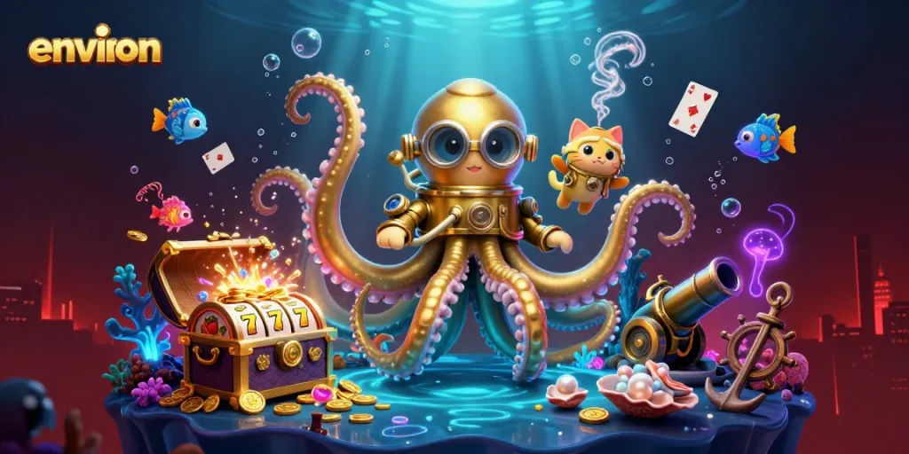 Experience environ's thrilling credit card casinos with golden kraken, diving cat, and vibrant gaming elements.
