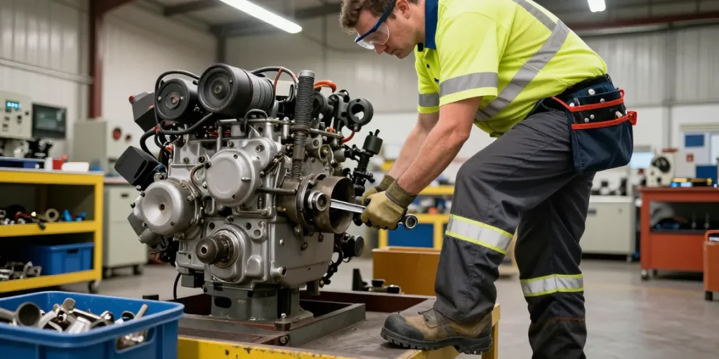 Technician wearing upower safety shoes while performing machinery maintenance in an industrial workshop.