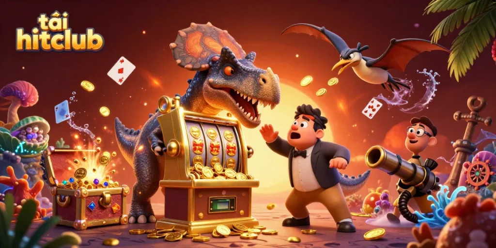 Engage in the thrill of tải hitclub with a dynamic 3D illustration of characters in an exciting casino scene.