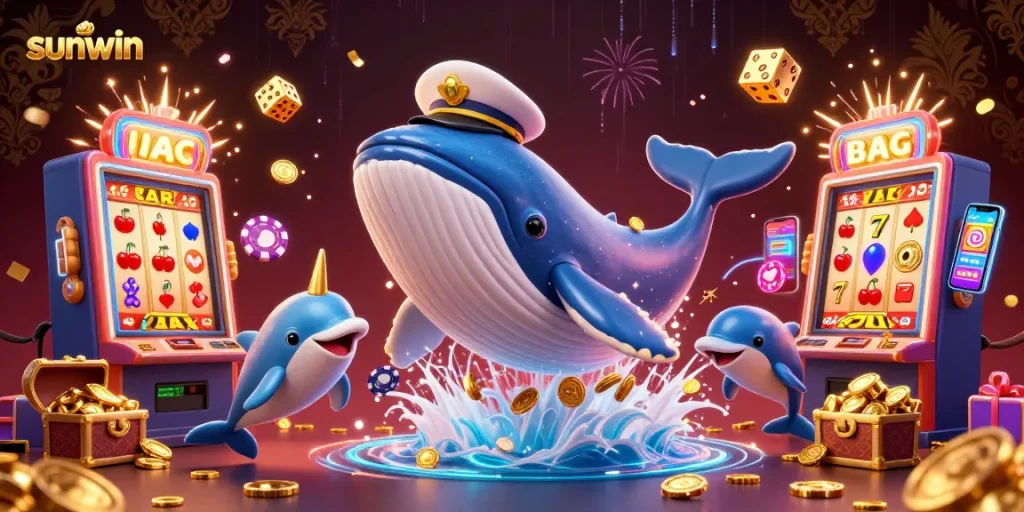 Engage with sunwin's dynamic casino world featuring a whale and dolphins amidst vibrant gaming elements.