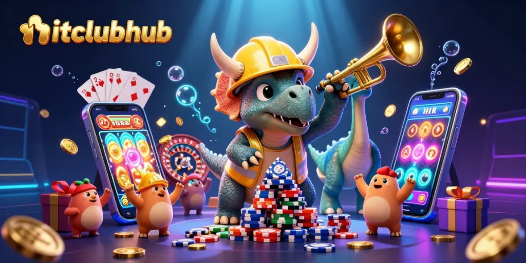 Elevate your gaming experience at hitclubhub with vibrant 3D casino-themed illustration and exciting game action.