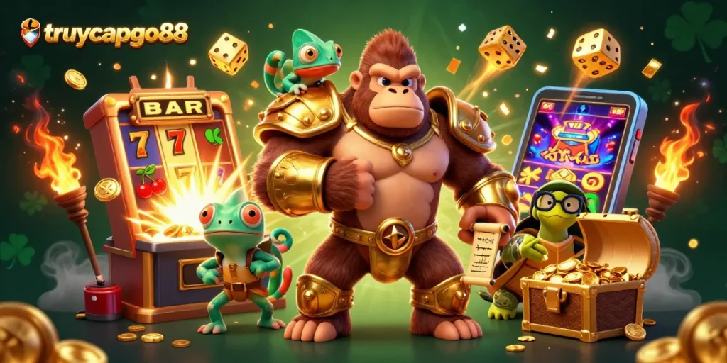 Experience excitement with truycapgo88 as the gorilla king leads a dynamic casino battle scene filled with jackpots.