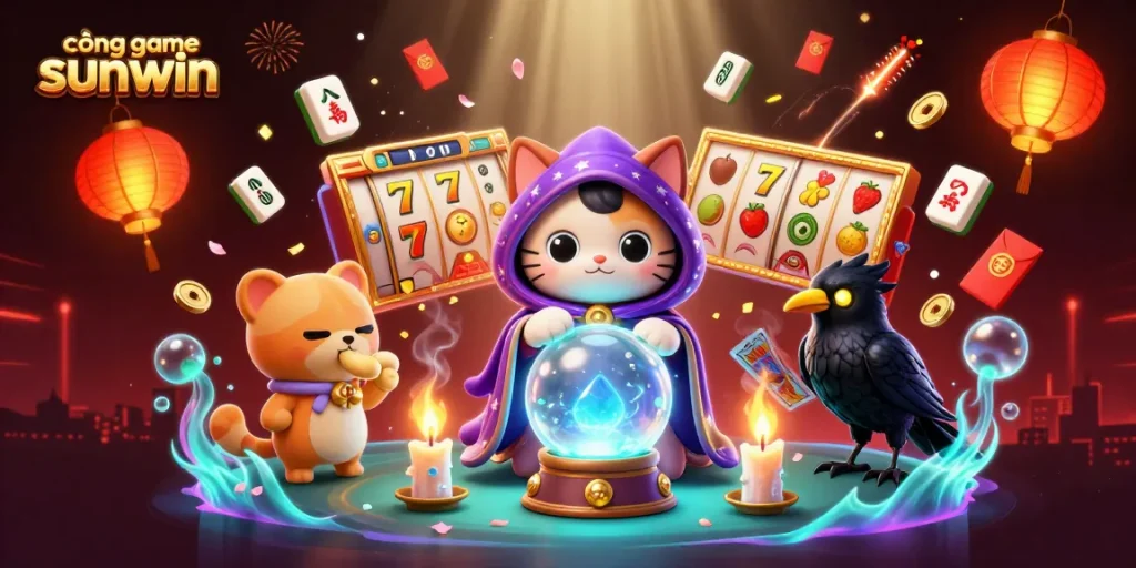 Cổng game sunwin offers a vibrant scene with a magical cat and casino elements, capturing the excitement of gaming.