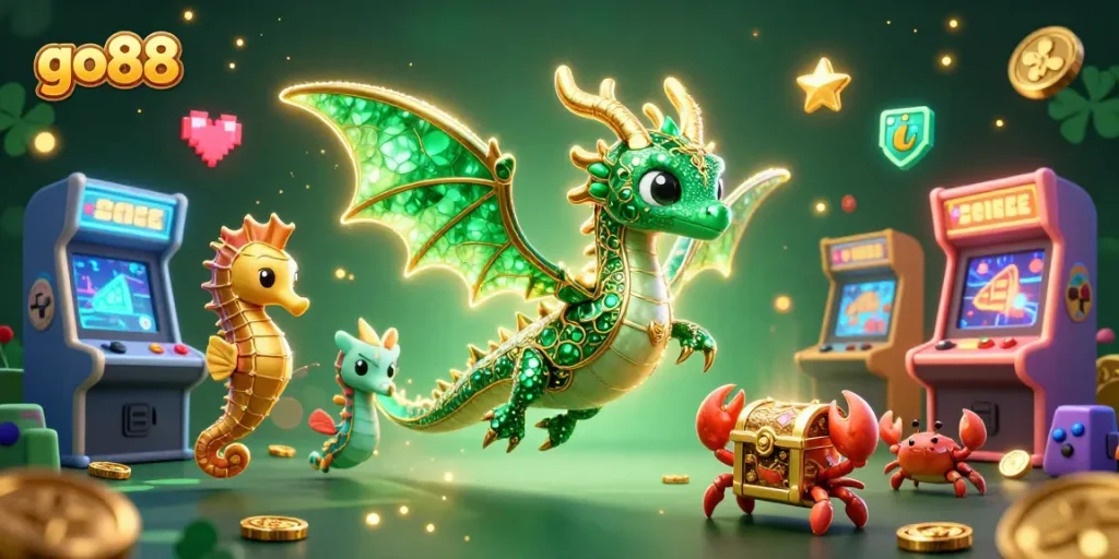 Experience exhilarating gaming action at go88 with vibrant elements like arcade machines and magical creatures!